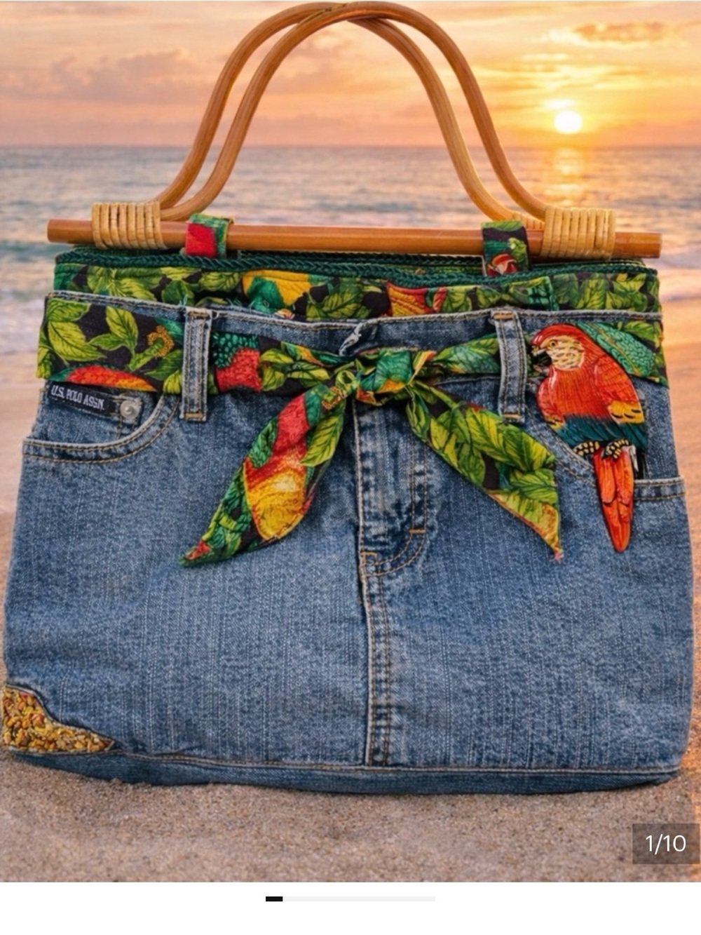 Upcycled Denim Parrot Beach Tote with Tropical Trim